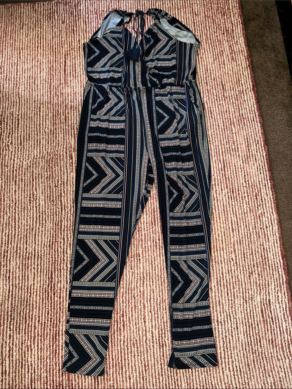 BCBGeneration Navy and White Geometric Halter Jumpsuit